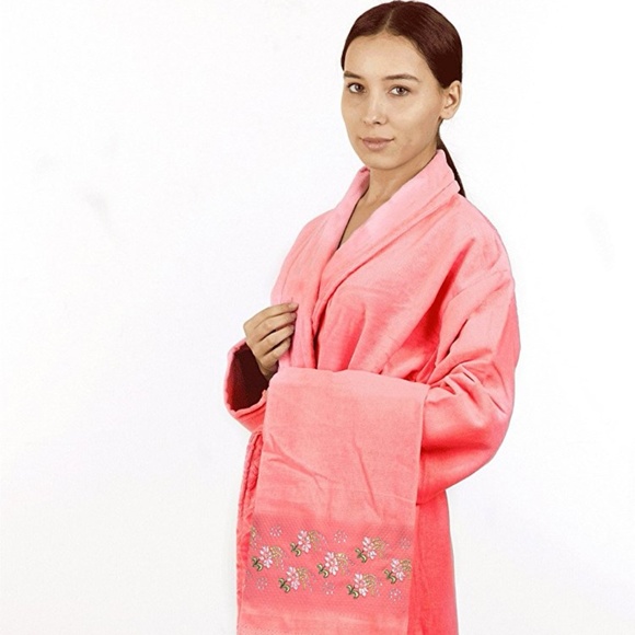 100% Turkish Cotton Bathrobe Ladies Pink Solid - Picture 1 of 4